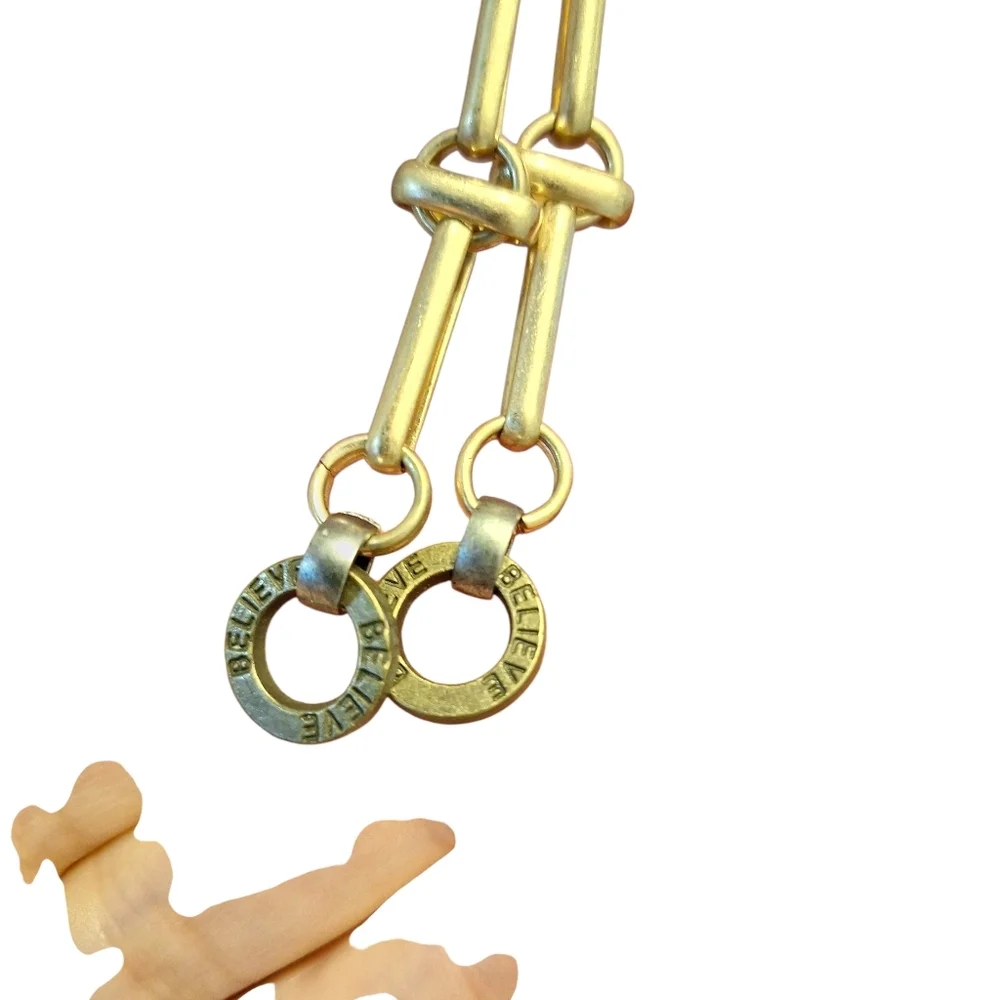 Elongated Gold Toned BELIEVE Earrings Chain Length Drop 3 inches Modern Edgy